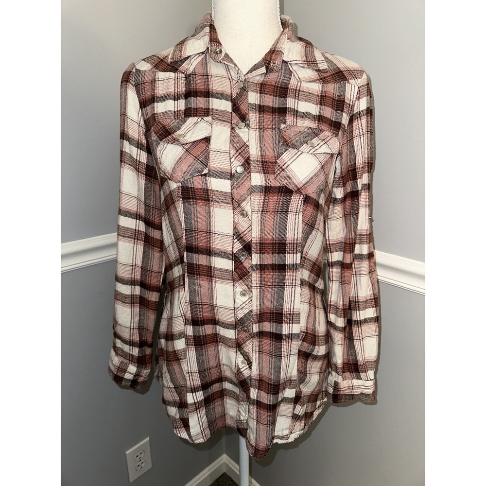 Charlotte Russe Shirt Size S 100% Cotton Button Up Plaid Soft Snap Buttons